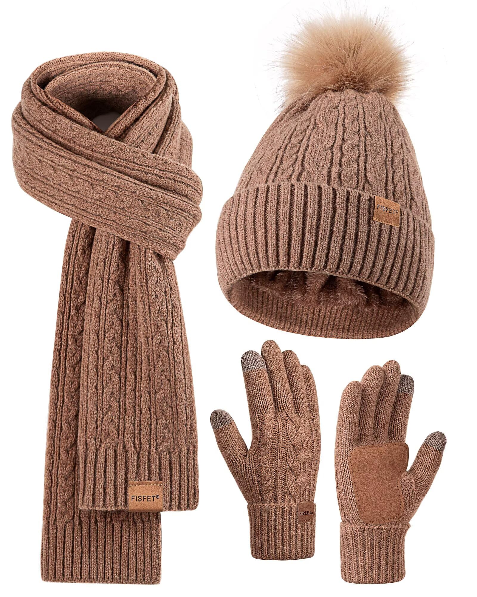 Winter Beanie Hat Scarf Gloves Set for Women, Pom Pom Beanie Fleece Lined Knit Neck Warmer Touchscreen Gloves 3 in 1 Gift Set